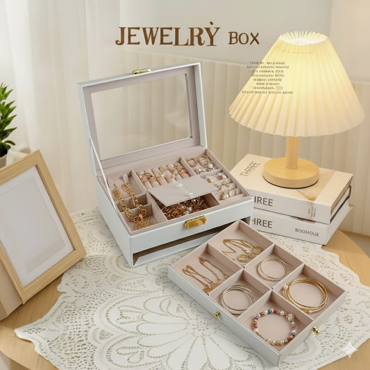 Joyero Organizador PU con Tapa de Cristal y Cajón, Modelo J19