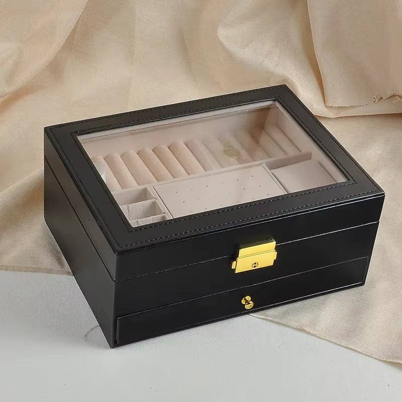 Joyero Organizador PU con Tapa de Cristal y Cajón, Modelo J19