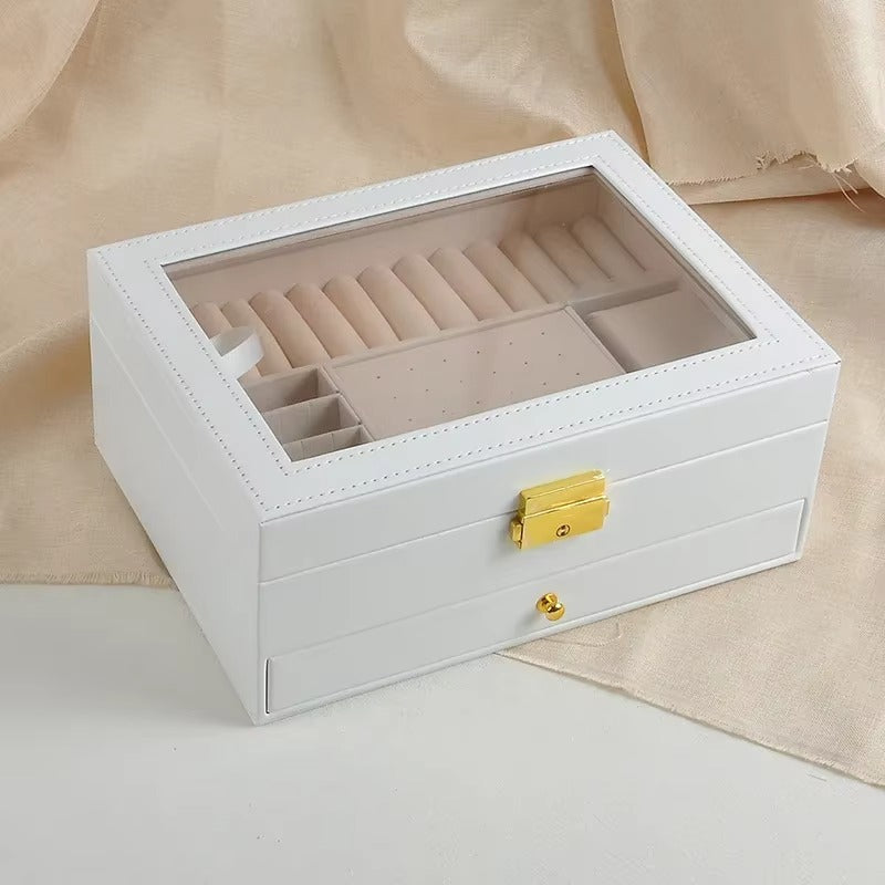 Joyero Organizador PU con Tapa de Cristal y Cajón, Modelo J19