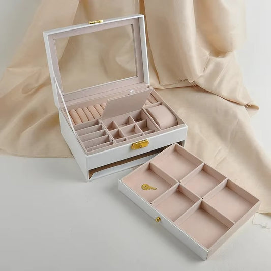 Joyero Organizador PU con Tapa de Cristal y Cajón, Modelo J19