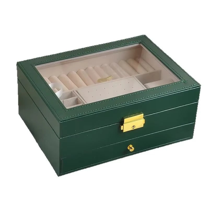 Joyero Organizador PU con Tapa de Cristal y Cajón, Modelo J19