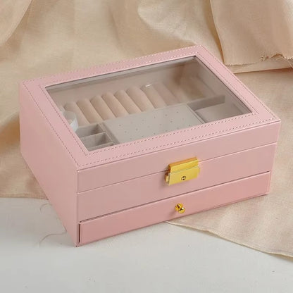 Joyero Organizador PU con Tapa de Cristal y Cajón, Modelo J19